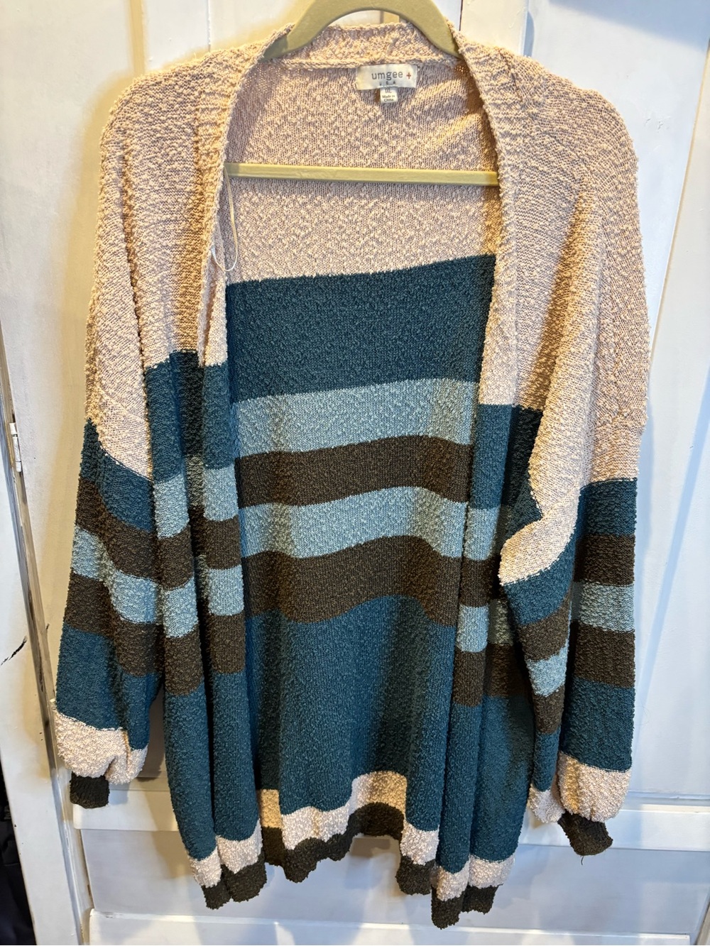 Umgee Teal, Light Blue & Cream Striped Open Cardigan